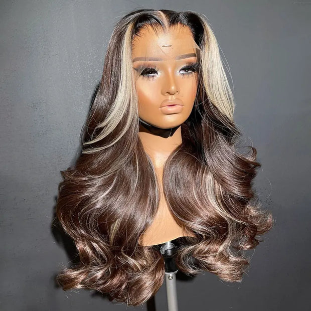 Chocolate Brown Blonde Highlight Color Salon Hairstyles Layered Cut Body Wave 13x4 Transparent Lace Front Wig Curtain Bangs Hair