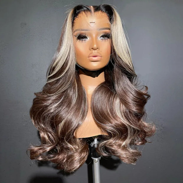 Chocolate Brown Blonde Highlight Color Salon Hairstyles Layered Cut Body Wave 13x4 Transparent Lace Front Wig Curtain Bangs Hair