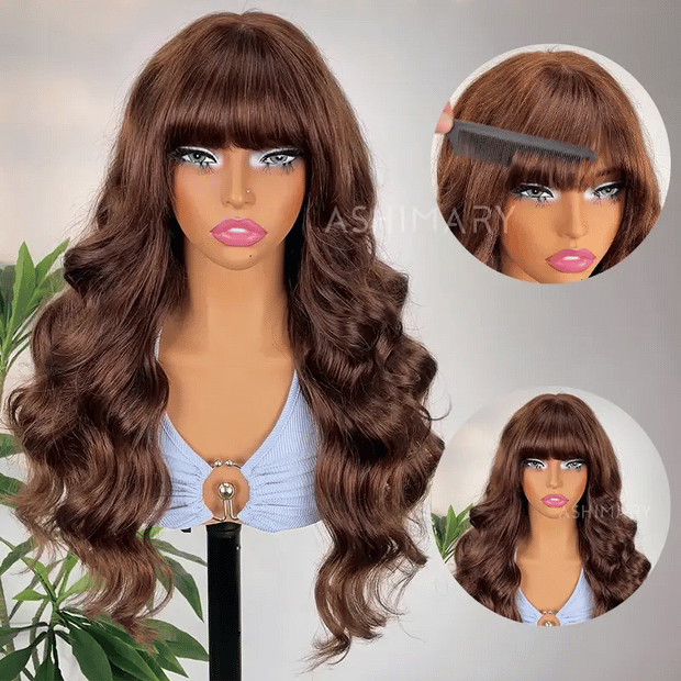 Body Wave Pre-Cut Layer With Bangs Pull Go 3x1 Lace Brown Wig True Scalp Glueless Pre-Styled Wig