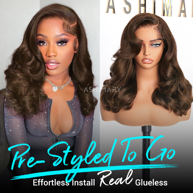 Glueless Pre-Styled Body Wave  Bob Wig Chocolate Brown Ready To Go Layer Wavy Human Hair Wig With Baby Hair