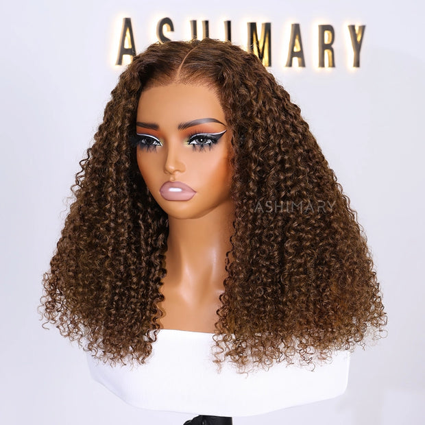 Kinky Curly Chocolate Brown Invisi Strap 360 Lace Wig Pre Everything Glueless Drawstring Human Hair Wigs