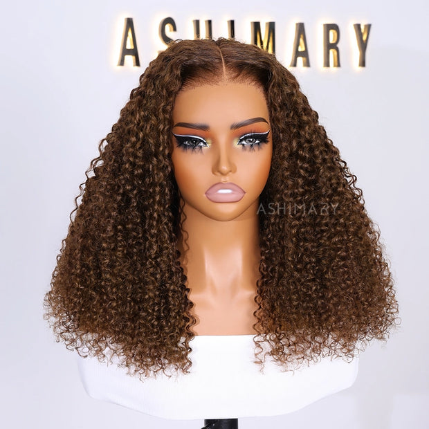 Kinky Curly Chocolate Brown Invisi Strap 360 Lace Wig Pre Everything Glueless Drawstring Human Hair Wigs