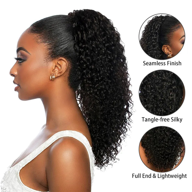 Water Wave Quick & Easy Drawstring Ponytail Extension Human Hair Natur ...