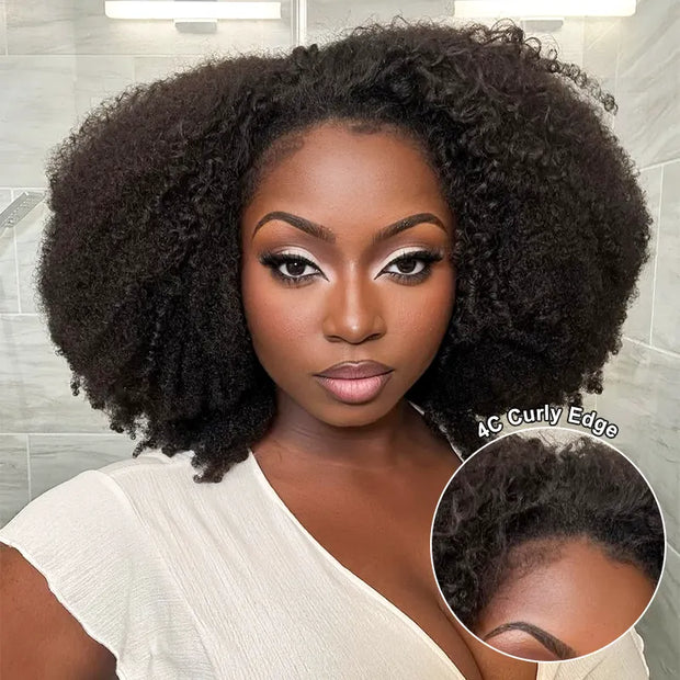 4C Curly Edge Afro Curly Flexible Fit Half Wig With Drawstring 