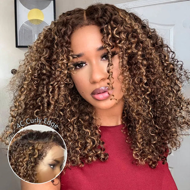 Glueless 4C Edges Blonde Highlight Kinky Curly Wig