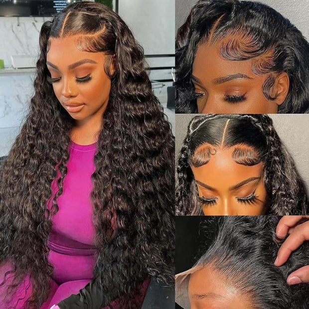 Deep Wave 13x6 Full Transparent Lace Frontal Wig Natural Black Color