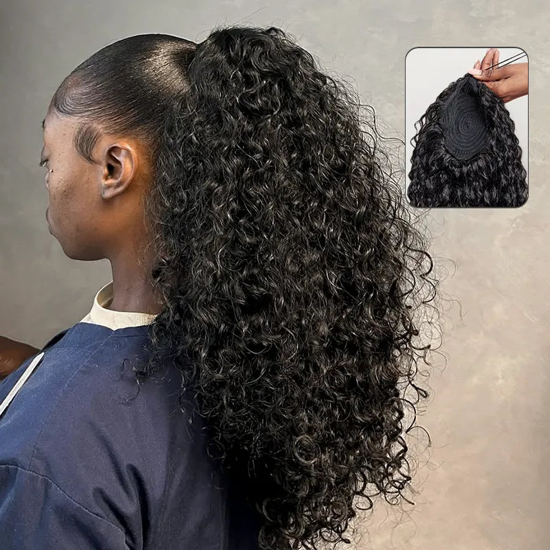 hair piece ponytail with palm clip drawstring Water Wave Quick & Easy Drawstring Ponytail Extension Human Hair Natural Black Sleek Ponytail