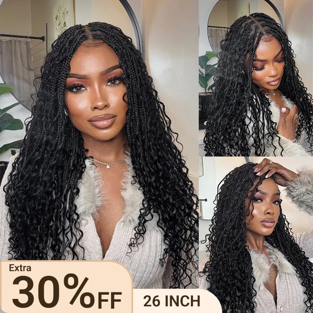 Full Lace Knotless Boho Curls Braided Long Wig Pre-braid Lightweight Super Natural Scalp