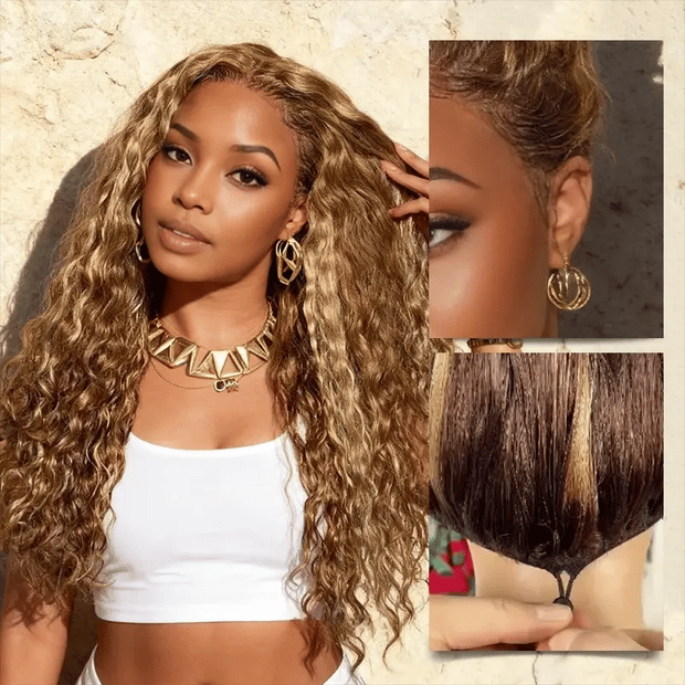 Honey Blonde Highlight Water Wave Pull Go 13x6 Full Skin Lace Wig Tiny Knots Glueless Wig