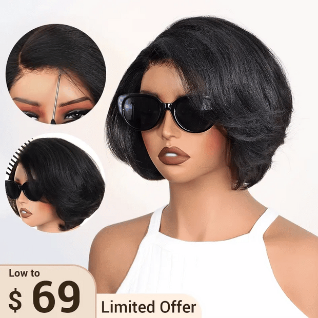 Yaki Straight Layered Wig 6x4.5 Lace Closure Short Pixie Cut Wig for Black Women Silk Press Human Hair Bob Wig