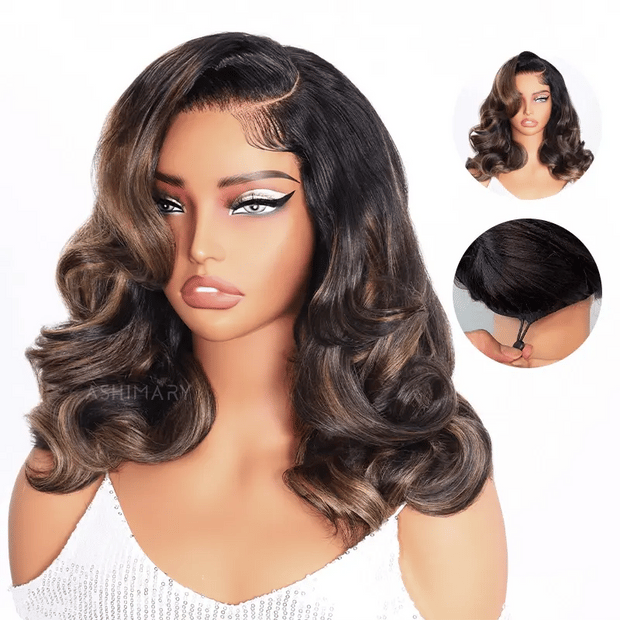 Honey Brown Highlight Pre-Styled Bouncy Body Wave Ready To Go Glueless Layer Wavy Bob Wig With Baby Hair