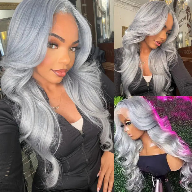 Grey Lace Front Wig Transparent Hd Lace Body Wave Wig Ashimary Human Hair