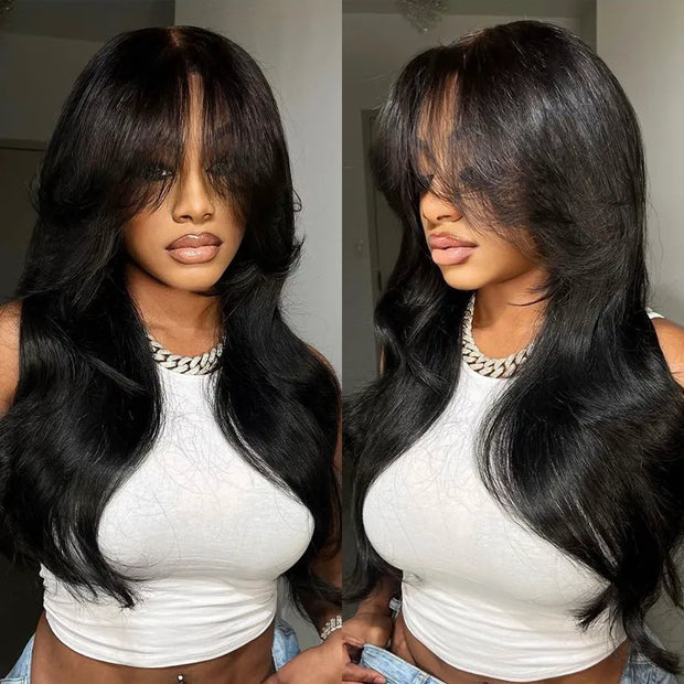 Flash Sale Curtain Bangs Layered Cut 4x4 Transparent Lace Body Wave Wig 180% Density Lazy Hairstyle Butterfly Cut Human Hair