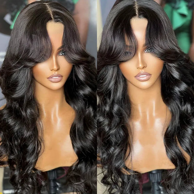 Flash Sale Curtain Bangs Layered Cut 4x4 Transparent Lace Body Wave Wig 180% Density Lazy Hairstyle Butterfly Cut Human Hair