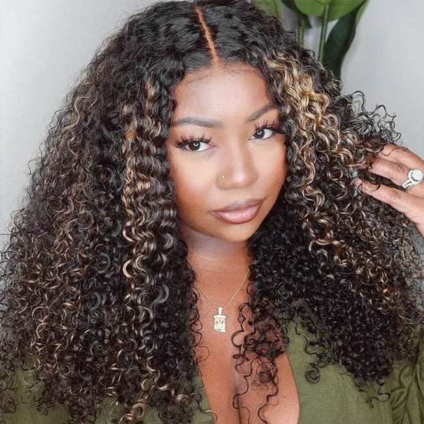 Flash Sale Pre Cut 4x4 Lace Closure Blonde Highlight Bouncy Body Wave/Water Wave/Kinky Curly