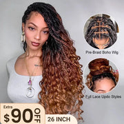 Ombre Color Full Lace Boho Curls Braided Long Wig Pre-braid Lightweight Tiny Knots Scalp
