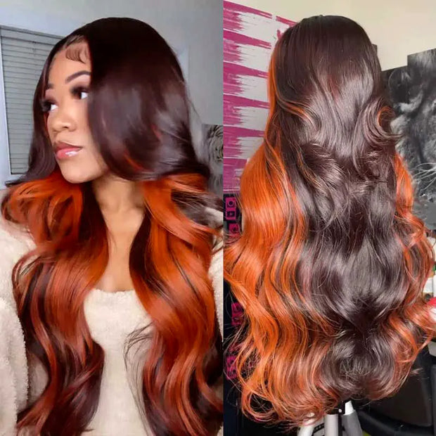 P3/350 Ginger Colored Highlight Body Wave 13x4 13x6 Full Lace Front Wigs Human Hair Ashimary Hair