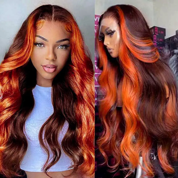 P3/350 Ginger Colored Highlight Body Wave 13x4 13x6 Full Lace Front Wigs Human Hair Ashimary Hair