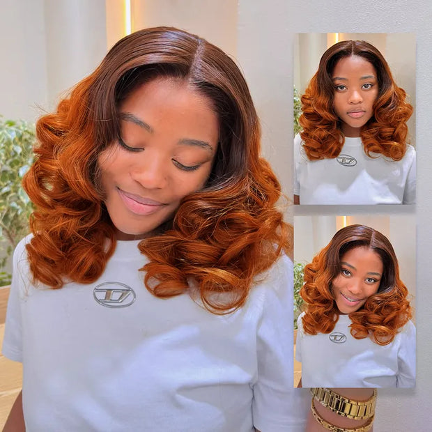 Ombre Ginger on Rich Brown Bocuncy Body Wave 6x4.5 Transparent Lace Glueless Wig Beginner Friendly