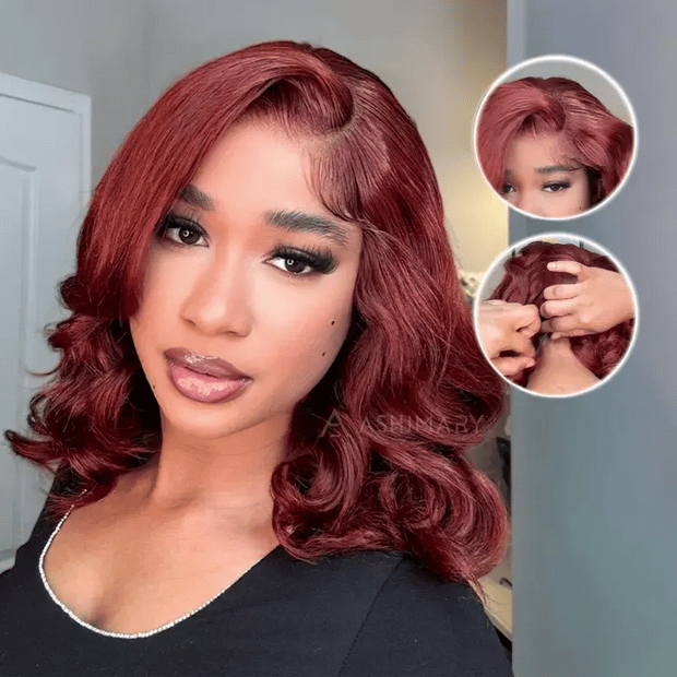 Reddish Brown Pre-Styled Body Wave Glueless Layer Wavy Bob Wig Transparent Lace Ready To Go Wigs