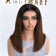 Chestnut Brown Soft Ombre Blend Pull Go 6x4.5 Lace Yaki Straight Wig Glueless Short Bob Beginner-Friendly