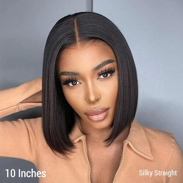 Glueless Double Drawn Blunt Cut Bob Transparent Lace Wig 10A Double Drawn Human Hair