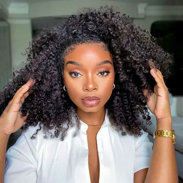 Half Wig with Drawstring Kinky Curly Ready To Go Wig 3 in 1 Half Wig Human Hair Affordable Wig