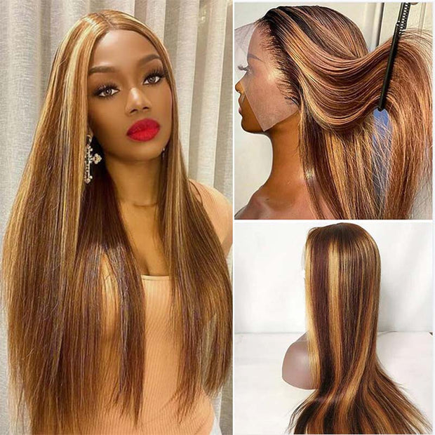 Highlight Piano Color Glueless Lace Straight Wig Brazilian Human Hair Luxurious Customization