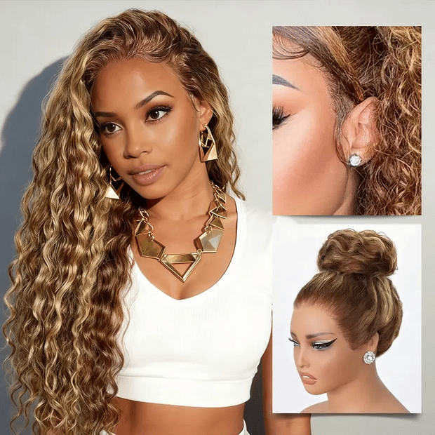 Honey Blonde Highlight Water Wave Pull Go 13x6 Full Skin Lace Wig Tiny Knots Glueless Wig