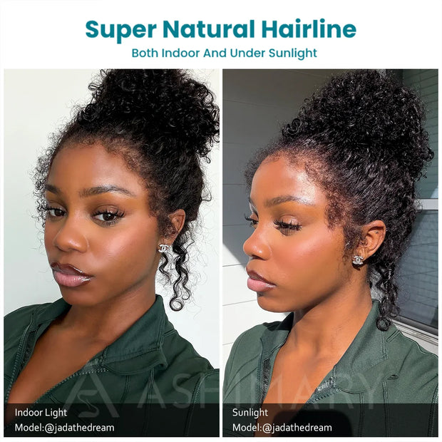 Kinky Curly 4C Edges Invisi Strap Laid Flat 360 Transparent Lace Wig Pre Bleached Knots with Curly Baby Hair All Around