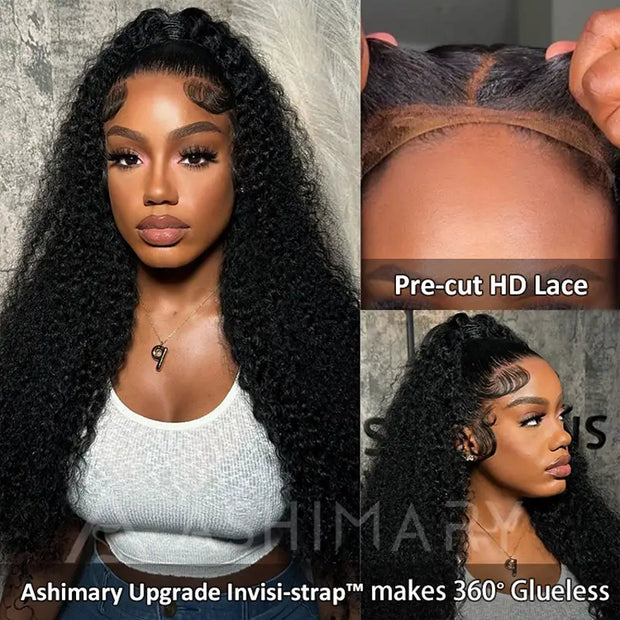 Kinky Curly Invisi-Strap™ Snug Fit 360 Transparent Lace Frontal Bleached Knots Pre Cut Wig