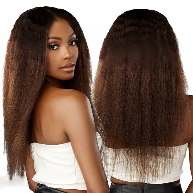 Black Brown Ombre Kinky Straight Half Wig With Drawstring Glueless Wear Go 3 in 1 Wig Human Hair