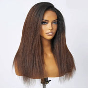 Black Brown Ombre Kinky Straight Half Wig With Drawstring Glueless Wear Go 3 in 1 Wig Human Hair