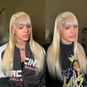 613 blonde straight HD lace frontal withpre-styled bangs human hair wig Ashimary.com