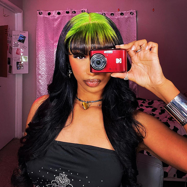 Hot Roots Billie Eilish Hairstyles Neon Green Roots On Black Hair Lace Wigs