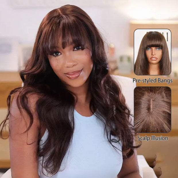 Body Wave Pre-Cut Layer With Bangs Pull Go 3x1 Lace Brown Wig True Scalp Glueless Pre-Styled Wig
