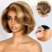 Salon-Free Layer Cut Yaki Straight Highlight Bob Wig Glueless 6x4.5 Lace Pull Go Human Hair Wig Blow Out Hairstyles