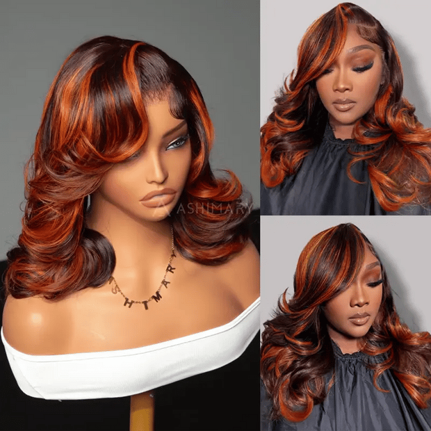 Ginger Highlight on Rich Brown Layer Cut Pre-Styled