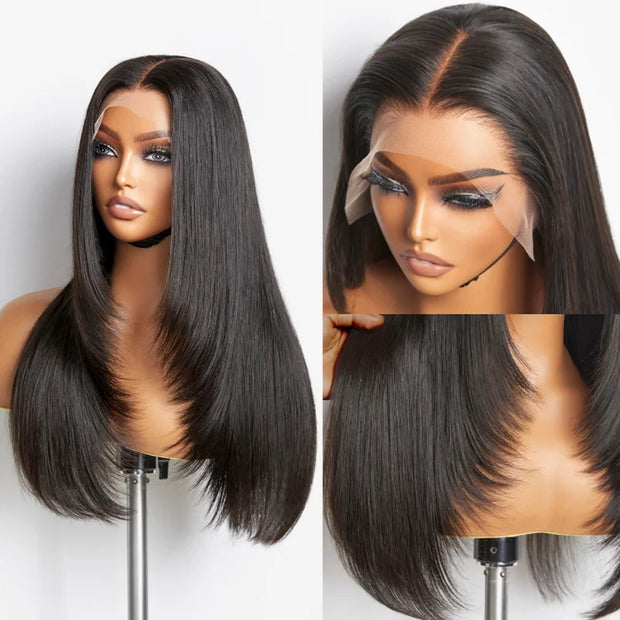 Flash Sale Trendy Layered Cut 13x4 Transparent Lace Frontal Straight Wig Butterfly haircut 100% Human Hair