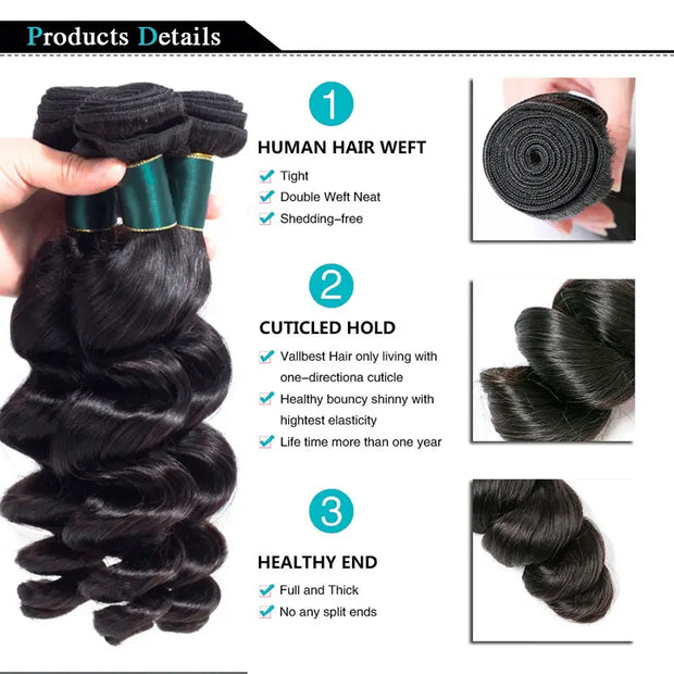 3 Bundles 9A Loose Wave Human Hair Bundles Natural Color - ashimaryhair
