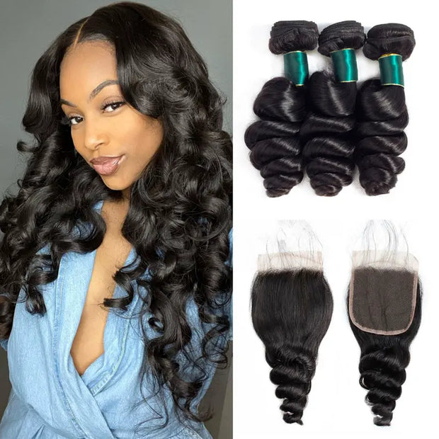 9A Loose Wave Virgin Hair 3 Bundles with Closure Natural Color Brazilian Hair - ashimaryhair