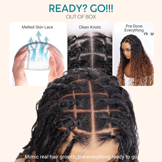 Ombre Color Full Lace Boho Curls Braided Long Wig Pre-braid Lightweight Tiny Knots Scalp