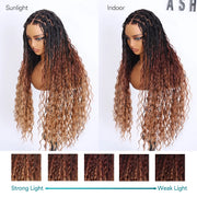 Ombre Color Full Lace Boho Curls Braided Long Wig Pre-braid Lightweight Tiny Knots Scalp