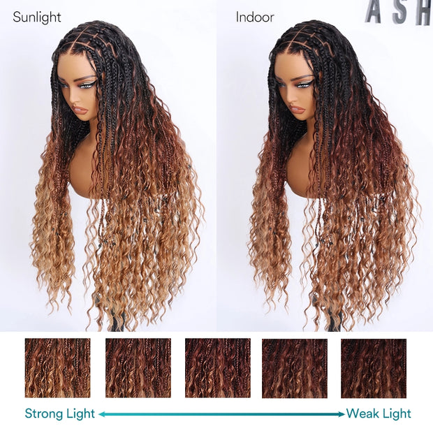 Ombre Color Full Lace Boho Curls Braided Long Wig Pre-braid Lightweight Tiny Knots Scalp