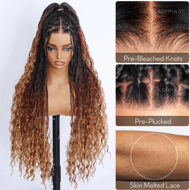Ombre Color Full Lace Boho Curls Braided Long Wig Pre-braid Lightweight Tiny Knots Scalp