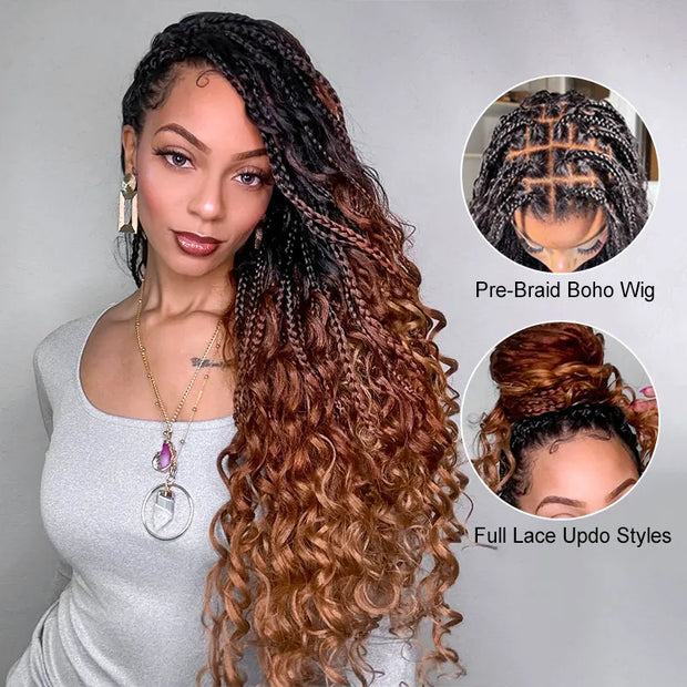 Ombre Color Full Lace Boho Curls Braided Long Wig