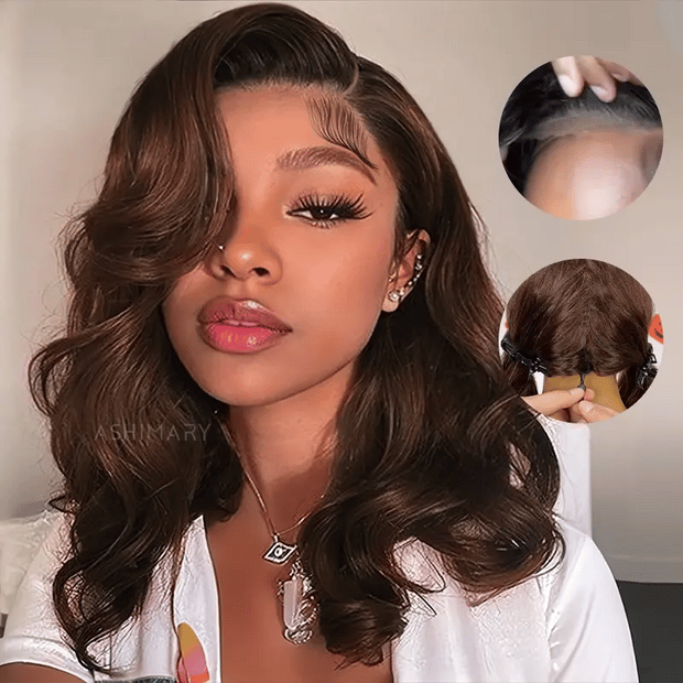 Glueless Pre-Styled Body Wave  Bob Wig Chocolate Brown Ready To Go Layer Wavy Human Hair Wig With Baby Hair