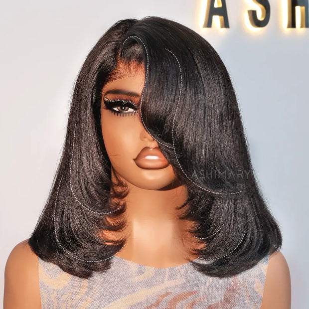 Layered Cut Yaki Straight Glueless Pull Go 13x4 Lace Frontal Bob Wig With Side Swept Bangs Put On And Go Double Drawn Human Hair Wig with Drawstring