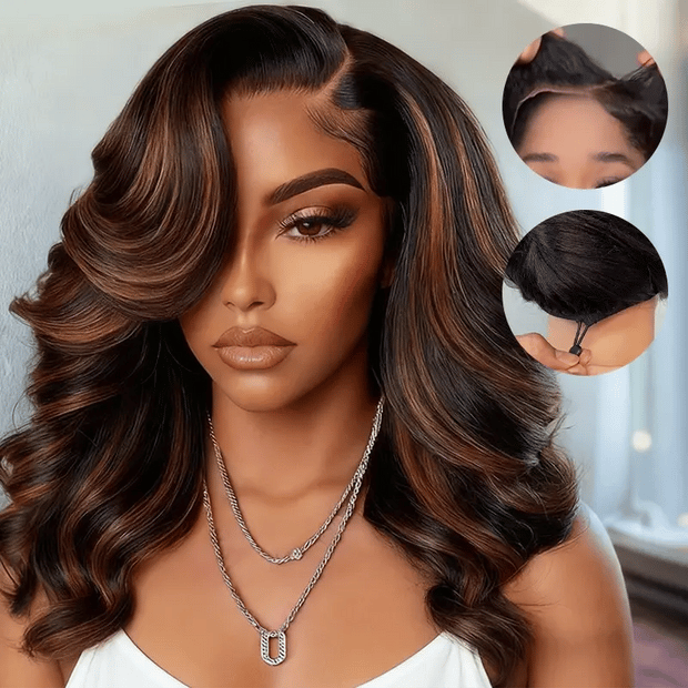 Balayage Highlight Pre-Styled Bouncy Body Wave Ready To Go Glueless Layer Wavy Bob Wig With Baby Hair