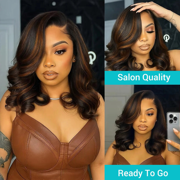 Balayage Highlight Pre-Styled Bouncy Body Wave Ready To Go Glueless Layer Wavy Bob Wig With Baby Hair